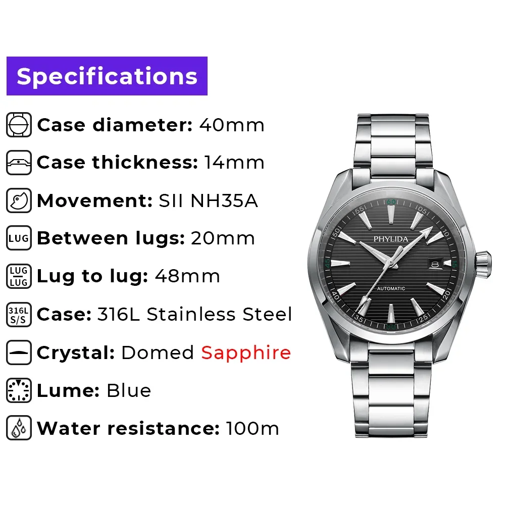 PHYLIDA New Aqua 100M NH35A Automatic Watch Black Dial Fashion Luxury Mechanical Wristwatch Solid SS Sapphire Crystal