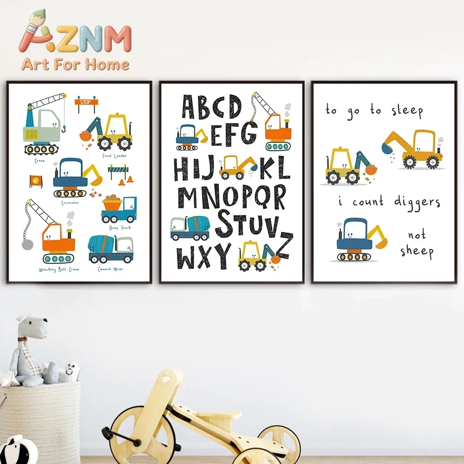Nordic Cartoon Crane Excavator Dump Truck Front Loader Wall Art Posters and Prints Wall Pictures Kids Room Decor Canvas Painting