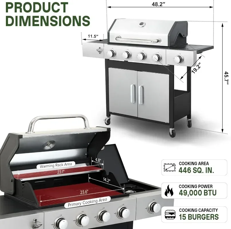 Gas Grill and Griddle Combo with Side Burner, 4-Burner Propane Grill with Porcelain-Enameled Cast Iron Grates and Double-Wall