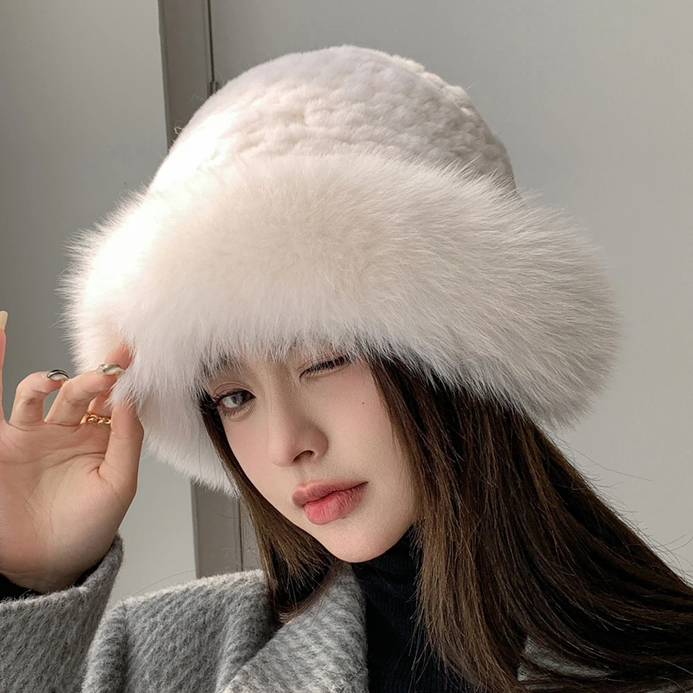 Women Luxury Winter Hat Real Rex Rabbit Fur Bomber Hats Lady Winter Genuine Fox Fur Cap Beanies Warm Soft Fluffy Natural Fur Hat