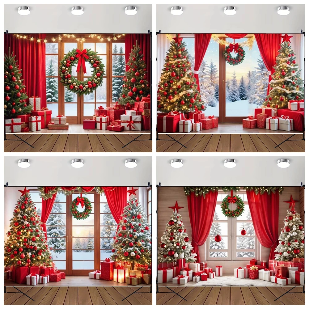 

MOON.QG Christmas Decoration 2025 Background Photography Gifts Wooden Door Red Curtains Wreath Backdrop Party Shooting Poster
