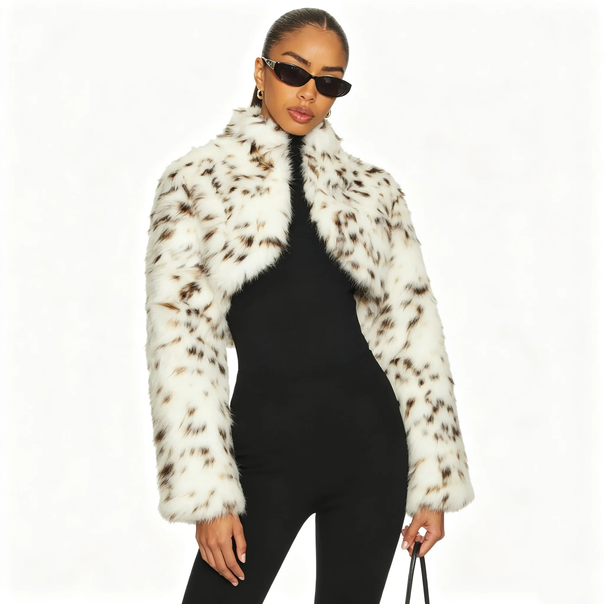 RU Spotted Faux Fur Cropped Jacket Long Sleeve Open Front Fluffy Crop Coat Suitable For Street Fashion Club Daily Outfits