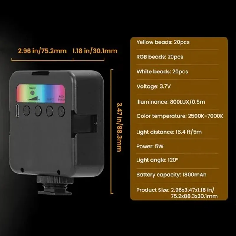 المحمولة كامل اللون RGB LED الفيديو الضوئي 2500K-7000K 800LUX البسيطة ملء 3 الحذاء البارد 1800mAh نوع C كاميرا الجيب الحذاء الساخن الخفيفة