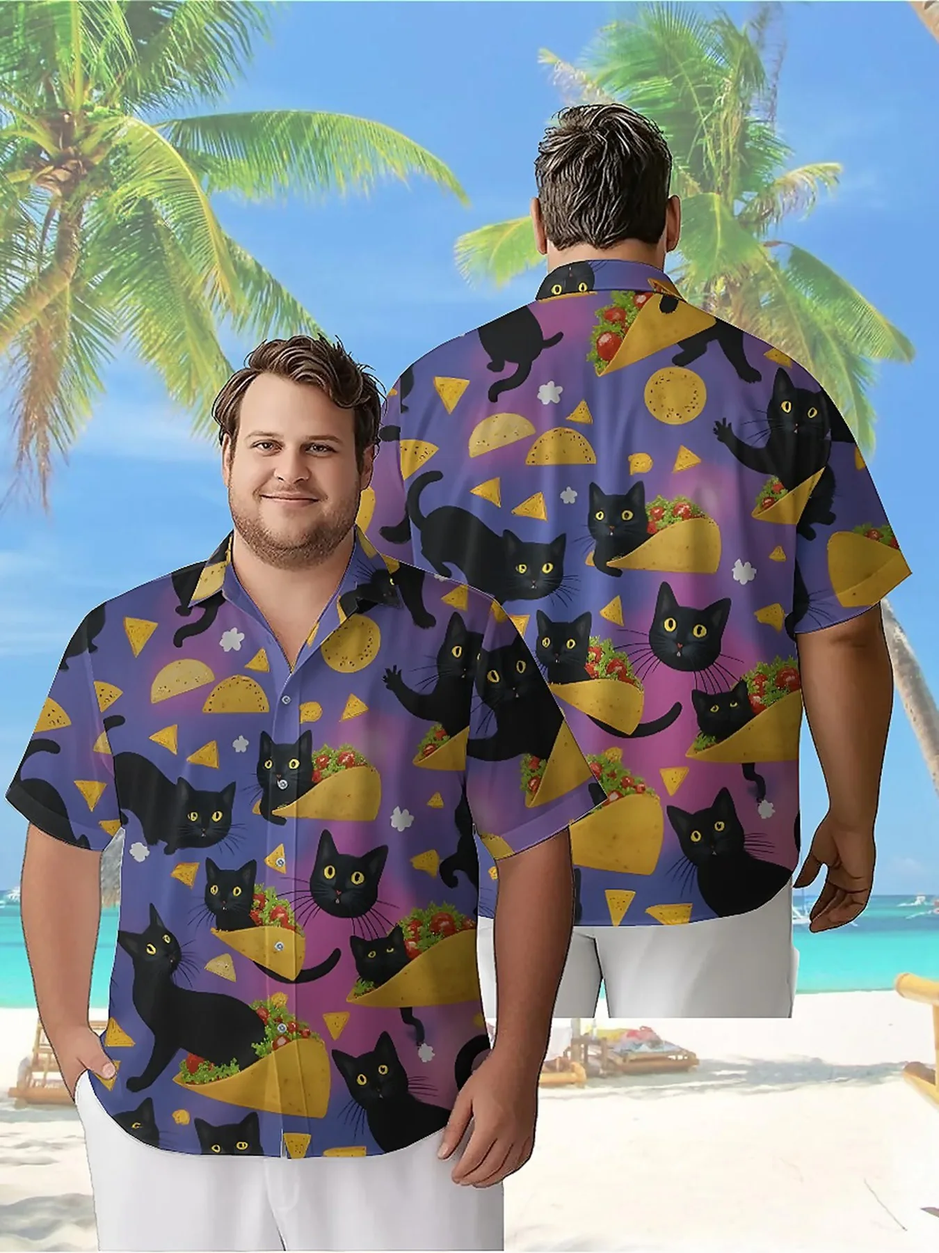 

Men's Plus Size Hawaiian Shirts Black Cat and Burrito Pattern, Summer Casual Tops, Outdoor and Party, Streetwear