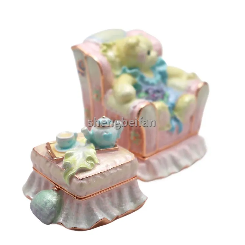 المعادن الحرفية المينا زخرفة الدب طاولة شاي صندوق مجوهرات الديكور هدية عيد ميلاد حلية صندوق للمنزل ديكور قلادة خواتم القرط