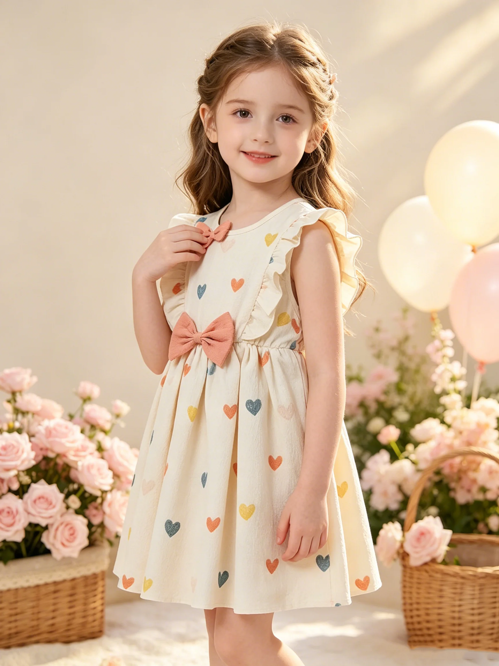 Children's Sleeveless Ruffled Dress Heart Print with Waist Cinching Bow Long Skirt round Neck Design