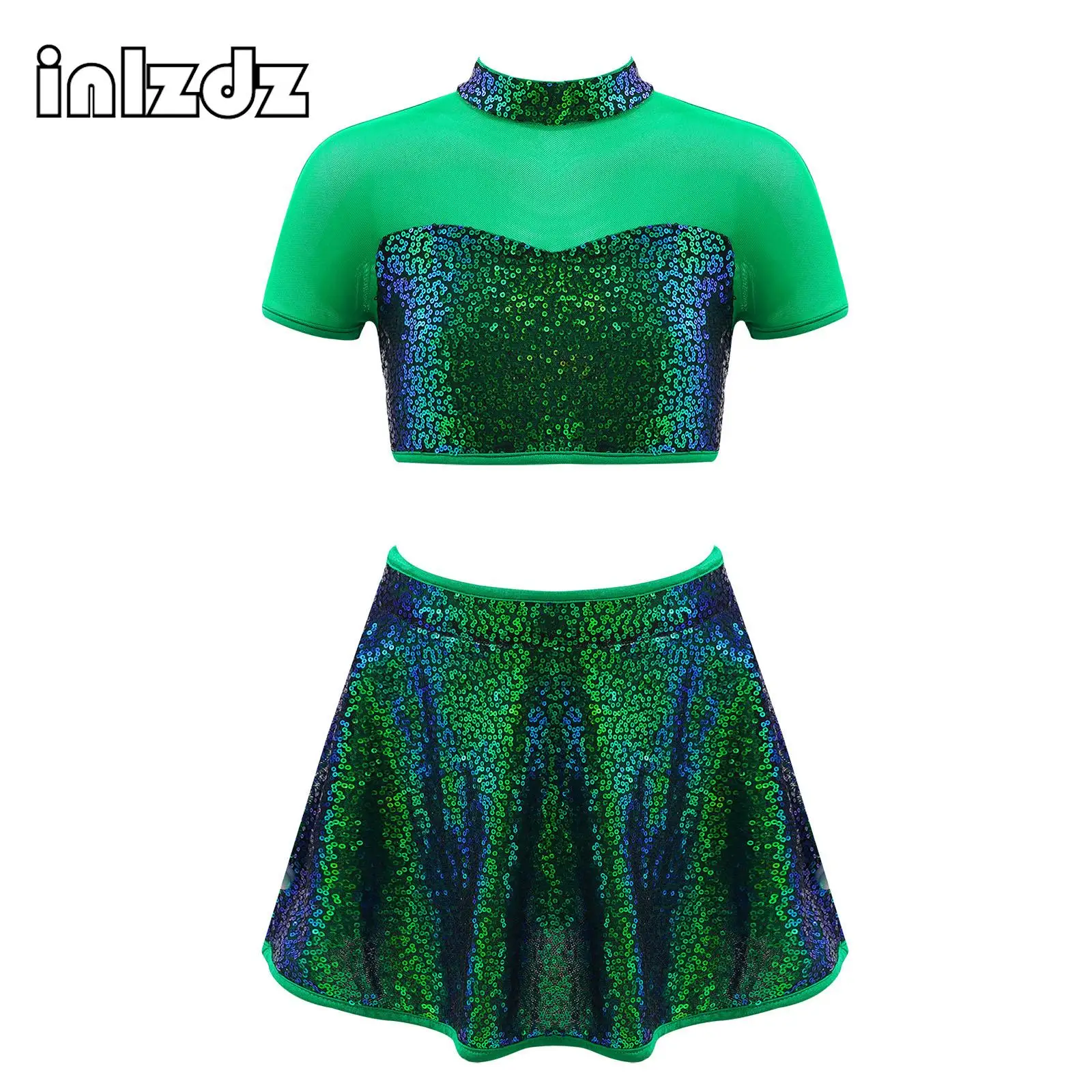 

Green Sequins Ballet Dance Dress Set Kids Girls Crop Top with Leotard Skirt Jazz Dance Outfit Gymnastics Skating Dancewear