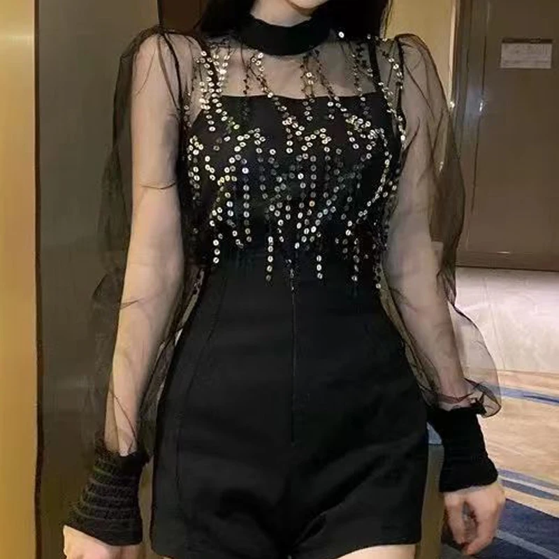 Women Clothing Sexy See Through Transparent Mesh Sequins Long Sleeve T-shirt Black Slim Spaghetti Strap Clubwear Tank Tops Sets