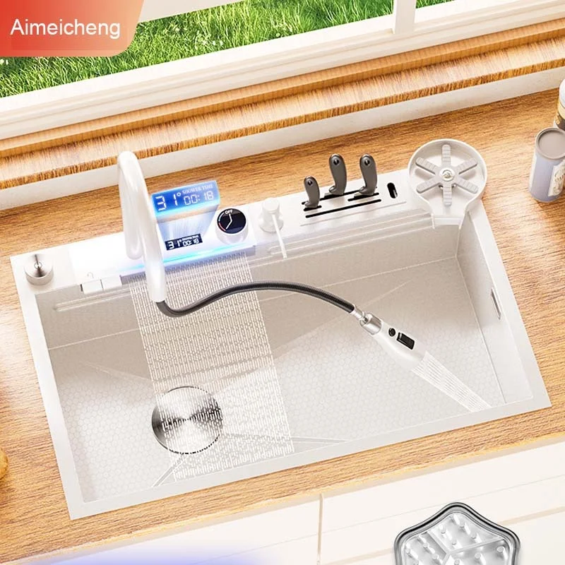 Silver 5.0MM Nano 304 Stainless Steel Digital Display Waterfall Sink Multifunctional Vegetable Washing Pool Integrated faucet