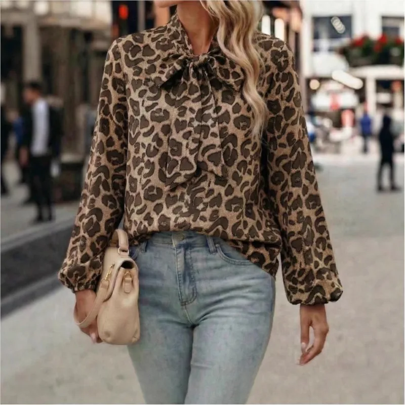 

Fashion Leopard Print Shirt Top 2026 Summer Women Loose Long Sleeve Bow Tie Lace-up Blouse Leisure Top for Women Clothing