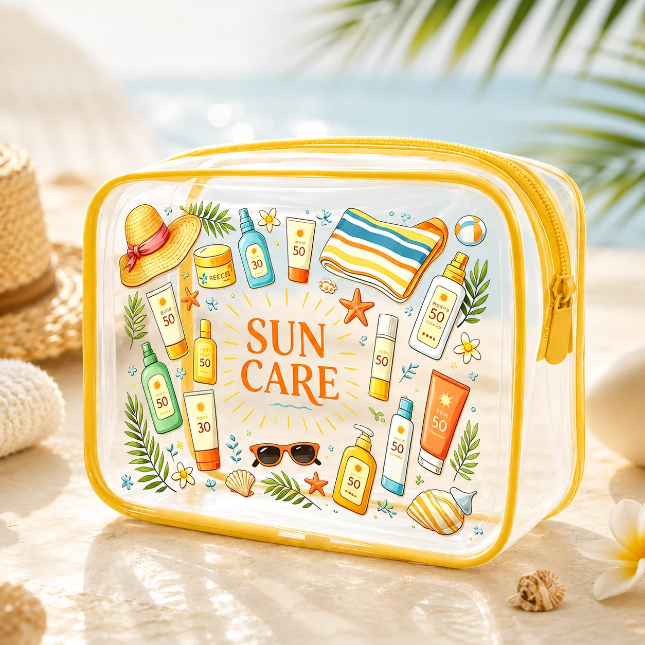 Sun Care Clear PVC Cosmetic Bag, Yellow Zipper Waterproof Toiletry Organizer for Women, Beach, Pool, Travel & Vacation