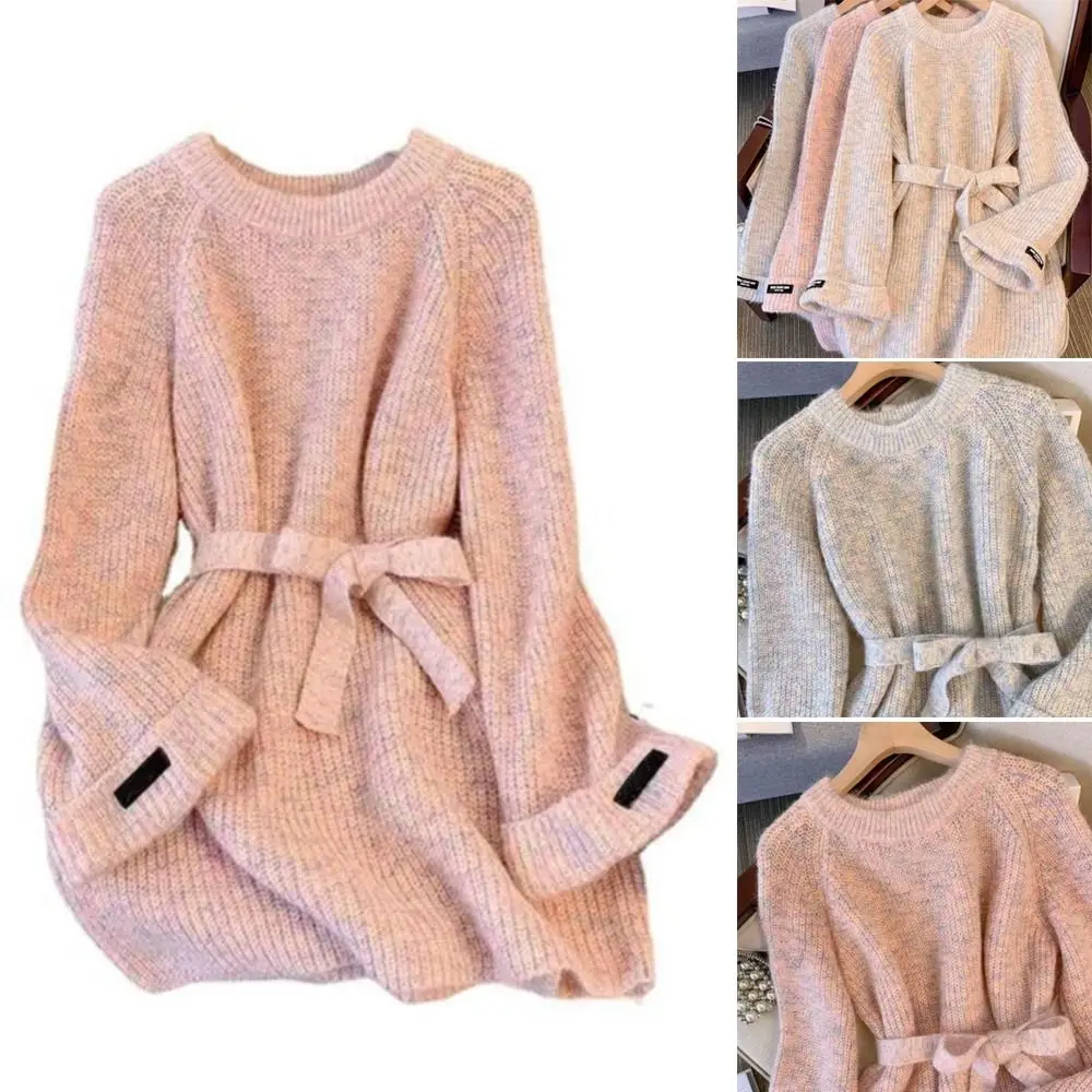 New Knitted Texture Sweater Dress Crew Neck Loose Fit Knitted Dress Ribbed Trim Warm Round Neck Dress Women Fashion
