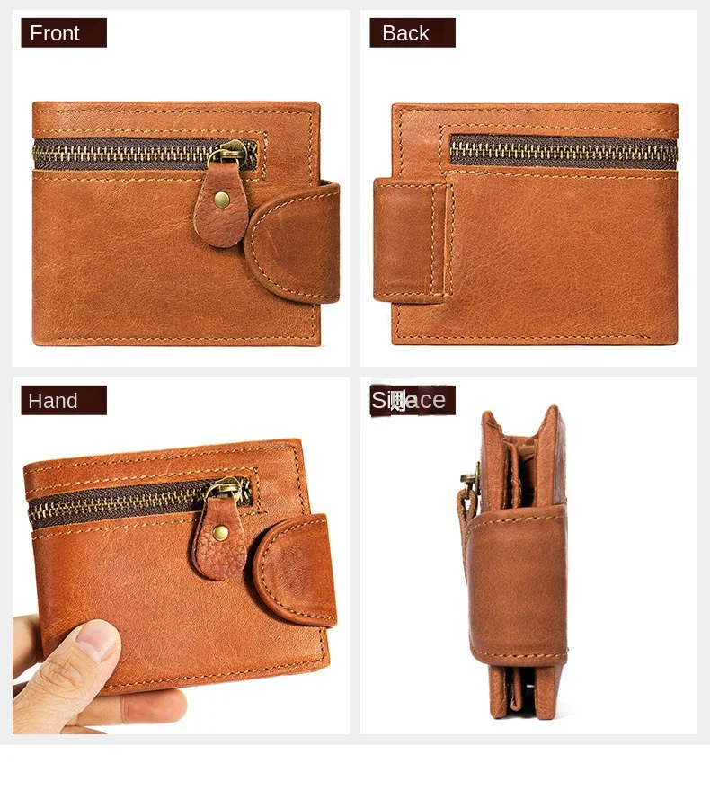 Kurze Geldbörse aus Crazy Horse-Leder für Herren, echtes Leder, Schnallen-Geldbörse, Vintage-Geldbörse aus Rindsleder, Kartenhalter, Multi-Karten-Geldbörse – Detail 15