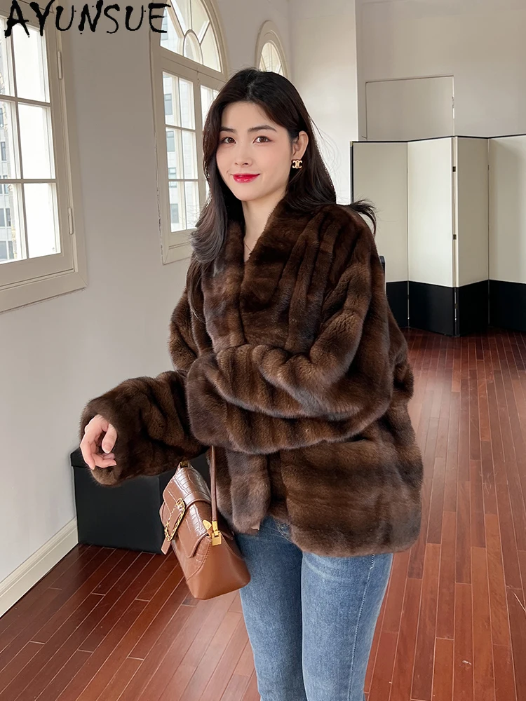

AYUNSUE Бархатные норковые меховые куртки женские с v-образным вырезом Элегантная зимняя куртка из цельной норки для женской одежды Высокое качество 2025 Кофта С Мехом