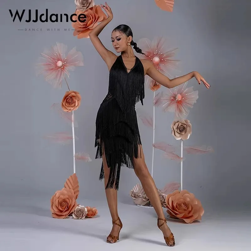

Платье для латинских танцев WJJdance по индивидуальному заказу для женщин, с v-образным вырезом, висячим вырезом, юбкой с кисточками и открытой спиной, конкурсный костюм с цветочным принтом