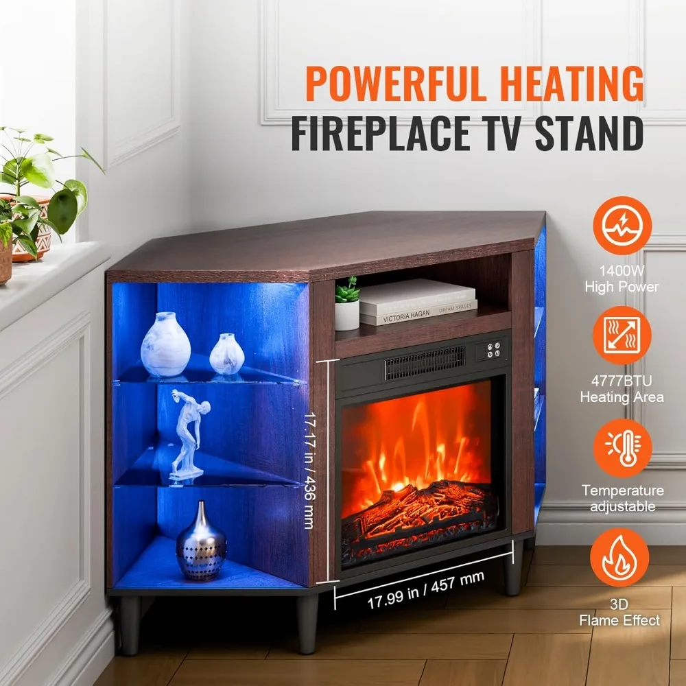 ヴィンテージデザインのコーナー電気暖炉テレビ台、50インチテレビ対応、暖炉18個、LEDライト20個、リモコンとタイマー付き、リビングに最適