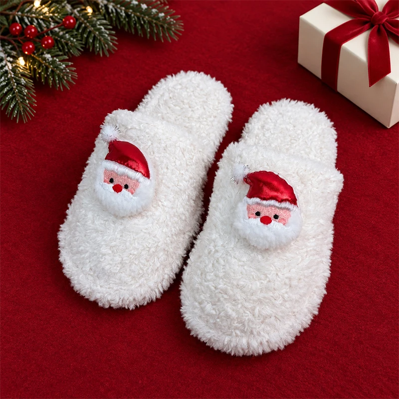 ZUOFU Christmas Plush Slippers For Women Men Couples Reindeer Santa Snowman Tree Bell Glove Warm Fluffy Non-Slip Indoor Home