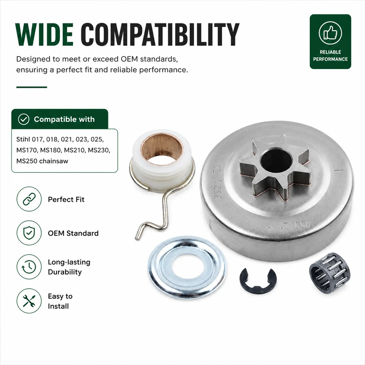 Clutch Drum Sprocket Kit For Stihl MS250 MS230 MS210 023 025, Replace 1123 640 2074, Needle Bearing Worm Gear Washer E-Clip