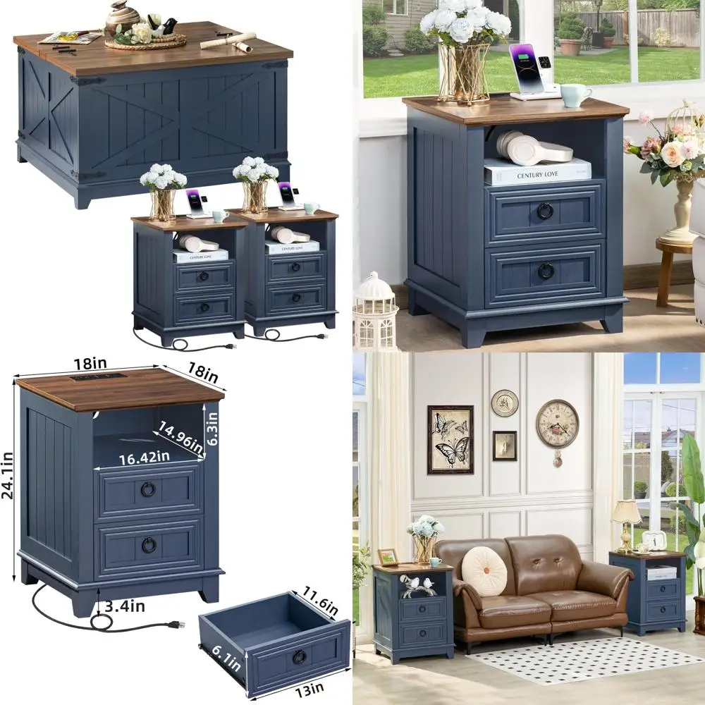 

3-Piece Farmhouse Coffee Table Set with Charging Station and Hidden Storage Organizer