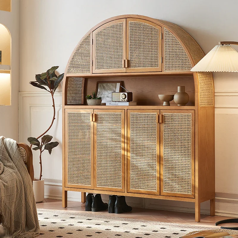 

Solid wood rattan shoe cabinet New Chinese-style storage household living room Large capacity solid wood storage upper