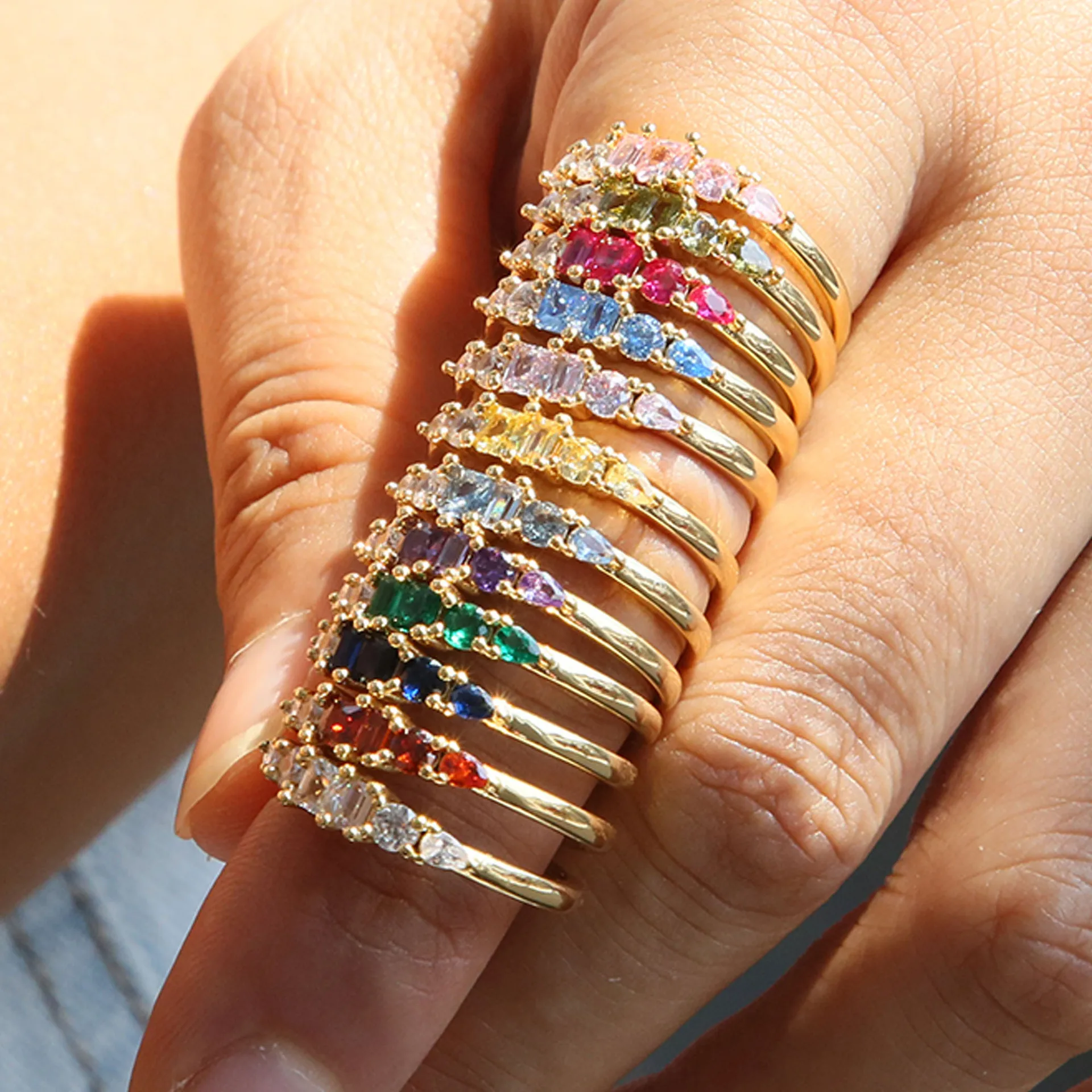 Dainty Geometric Crystals Birthstone Stackable Rings for Women Colorful CZ 18K Gold Plated Open Finger Ring Tiny Jewelry Gifts