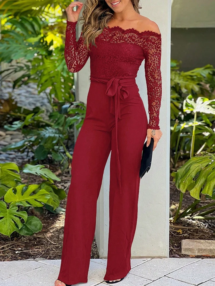 

Lace slim fit jumpsuit embroidered long sleeved casual jumpsuit commuting off shoulder solid color jumpsuit