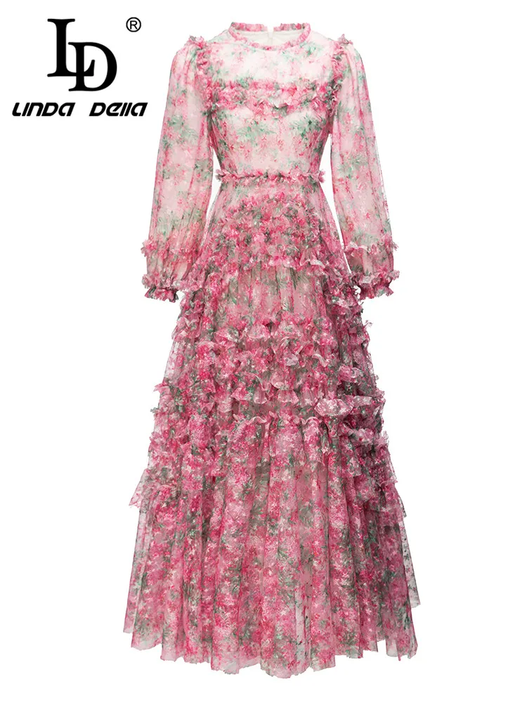 LD LINDA DELLA 2023 Summer Vintage Dress Women's Pink Long Sleeve High Waist Print Cascading Ruffle Slim Fit Party Long Dress