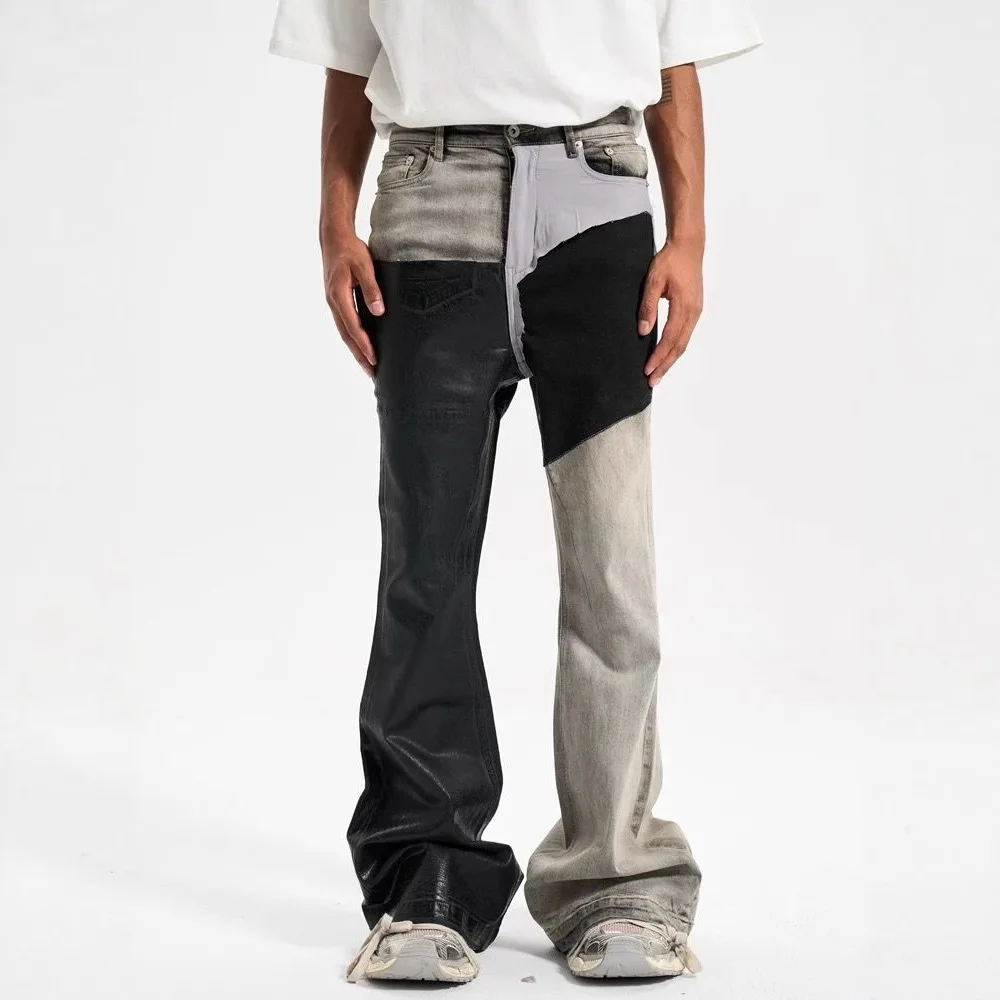 

Fashion Denim Splicing Flare Pants American High Street Spring Men's Contrasting Color Patchwork Washed Retro Jeans