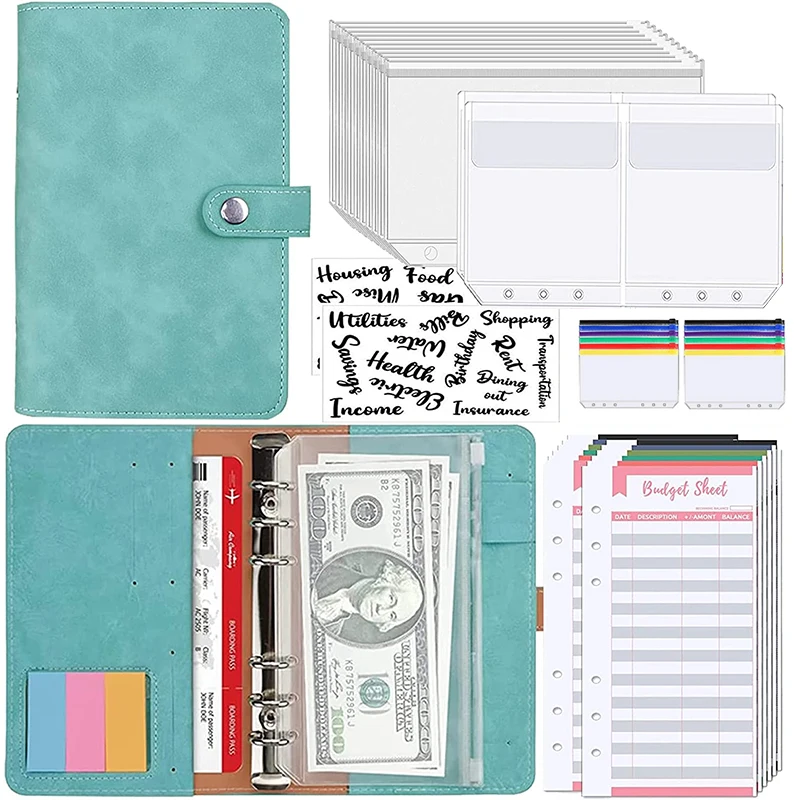 A6 Budget Binder Planner Organizer Book with 12 Pieces Cash Envelopes Colorful PU Leather Notebook Binder with Zipper Pockets