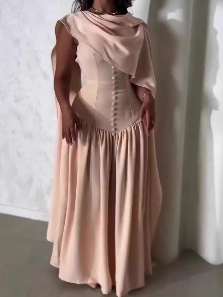 Long Dress Women Dresses A Line Vestidos Button Sleeveless Pleated Tight Waist Elegant Splice Irregular Cape Y2k Streetwear 2026
