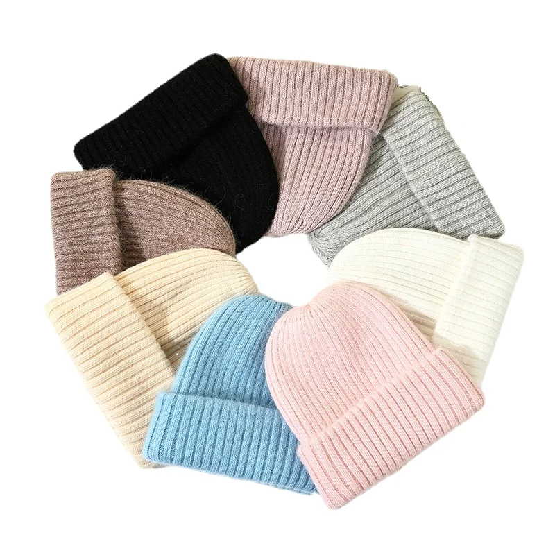 

Winter Skullies Beanies For Women Solid Rabbit Fur Knitted Hat Soft Warm Gorros Female Cap Angora Winter Hats For Women