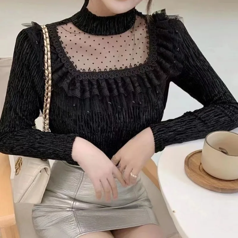 2024 Autumn New Versatile Commuter Temperament Lace Top Exquisite Mesh Semi-turtleneck Women\'s Long-sleeved Chiffon Blouse