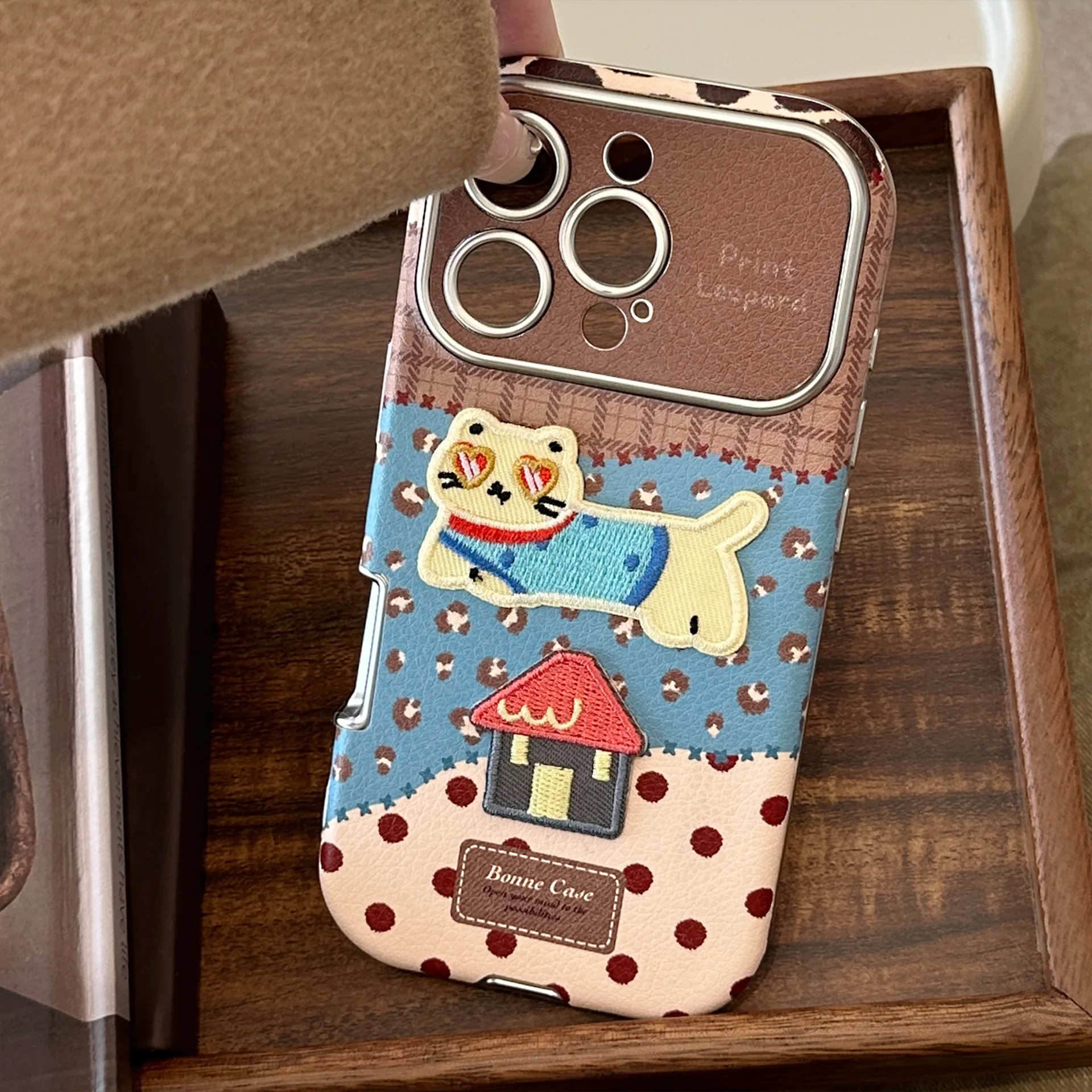 Korean Splicing Leopard Print Cartoon Cat House Faux Leather Phone Case For iPhone 17 16 15 14 13 12 11 Pro Max Shockproof Cover view 2