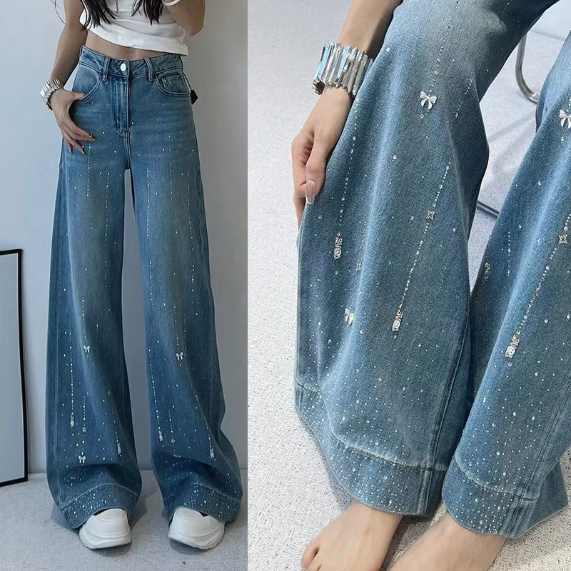 

Wide Leg Pants Jeans Women 2025 Streetwear Diamonds Bow High Waist Pockets Washed Vintage Floor Length Trousers Straight Denims
