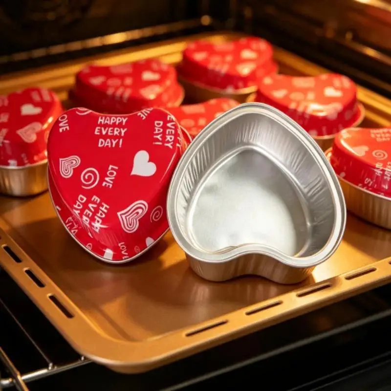 1Set Heart Shaped Disposable Aluminum Foil Baking Pans With Cute Printed Lids Perfect For Home Baking Valentines Day Dessert