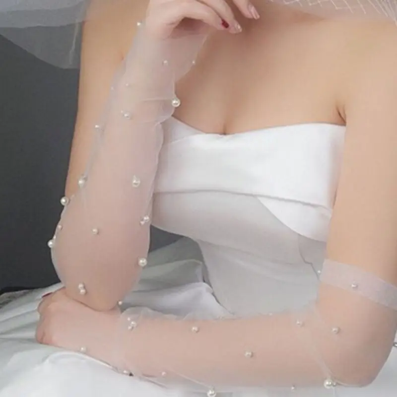 Long Thin Mesh Gloves Pearls Lace Gloves Summer Ruched Tulle Pearls Mittens Fingerless Gloves for Wedding Party Dress Costume