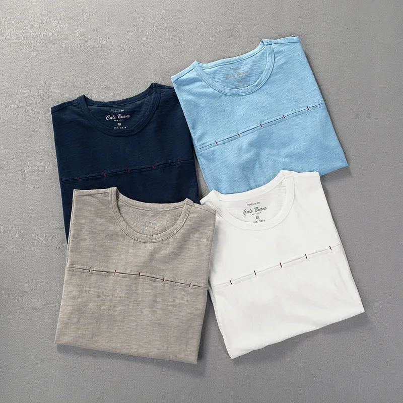 Men's Slub Cotton Short Sleeve T-shirt Vintage Crew Neck Solid Color Tees Casual Slim Fit Stitch Detail Summer Tops For Men
