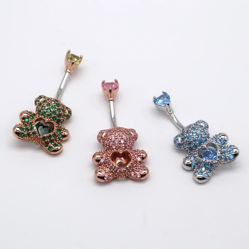 Miqiao umbigo anéis bonito urso 925 prata piercing umbigo nova chegada luxo rosa azul verde corpo jóias