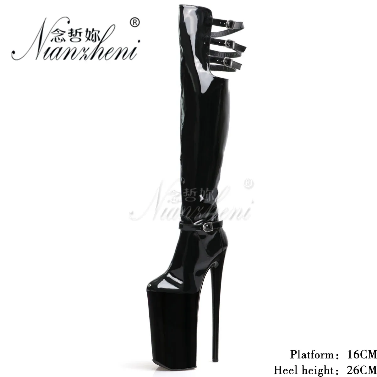 

26cm Belt Buckle Sexy Fetish Shoes Over The Knee Boots Women's Gothic Platform Strip High Heels Pole Dance Exotic Round Toe