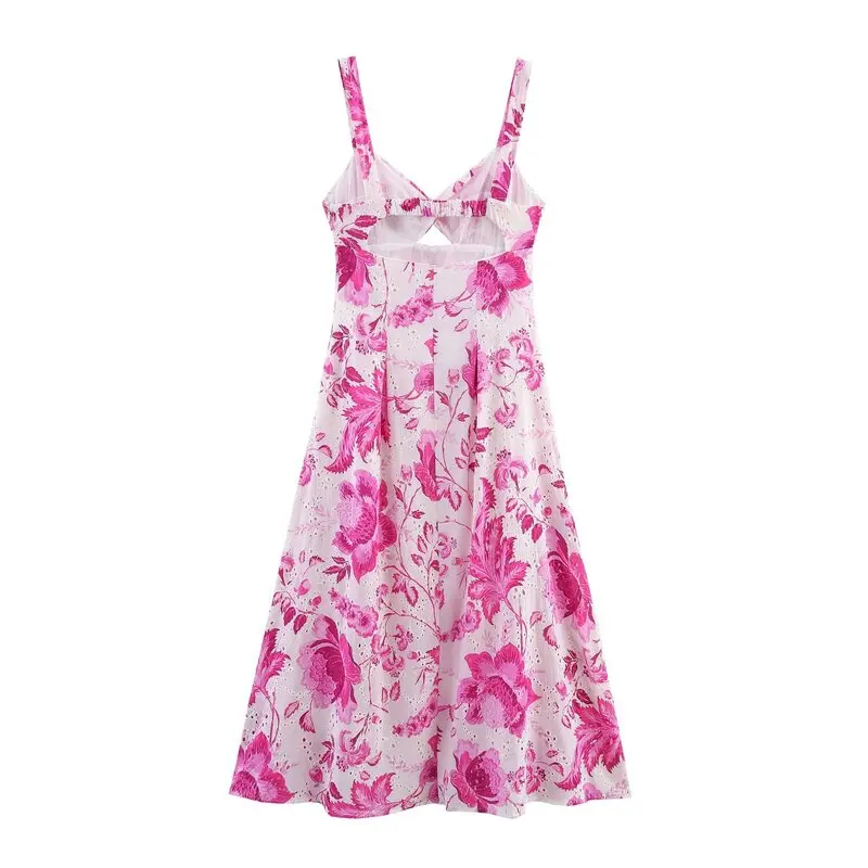 Ele Hollow out Embroidery Print Summer New Women's Dr Strap Design Cotton Polyester High Waist A-Line Skirt Dr