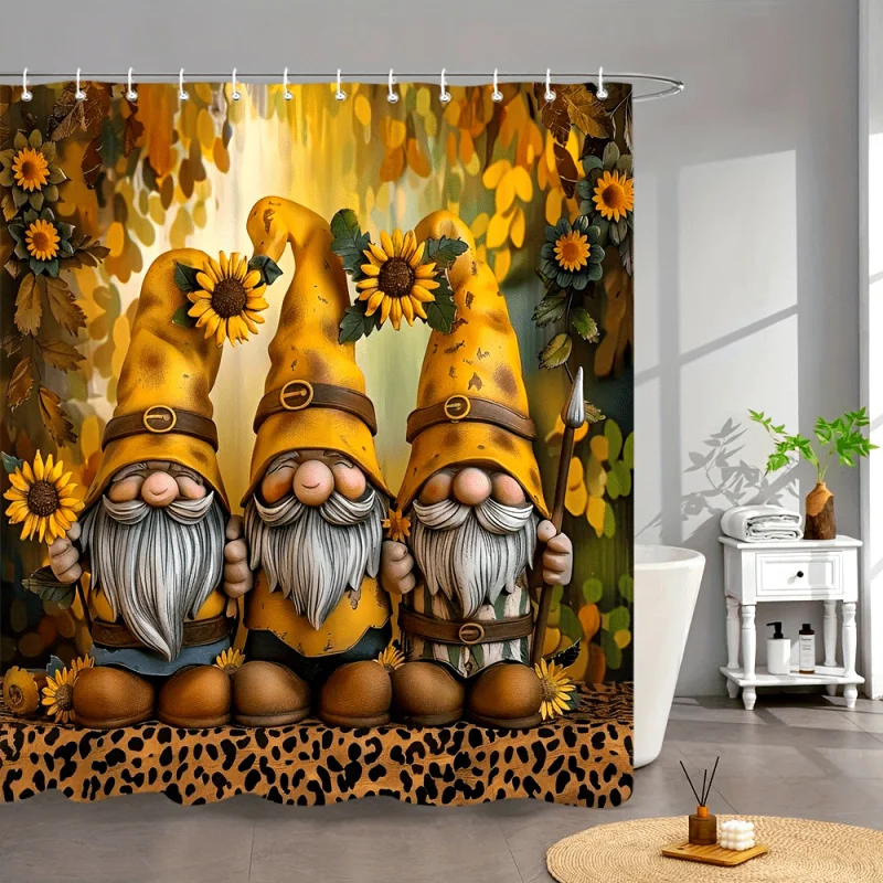 Sunflower & Gnome Cartoon Shower Curtain - Waterproof, Includes Hooks, Perfect for All Seasons Bathroom Decor, 179.83x179.83 cm