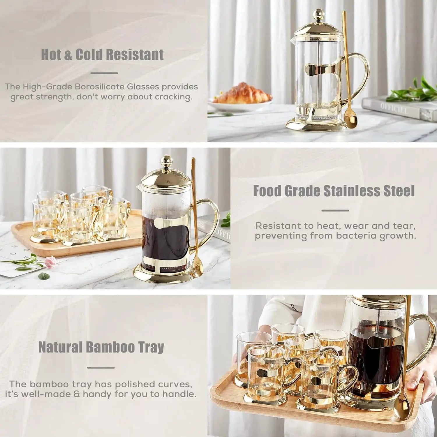 طقم ضغط فرنسي ذهبي مع 6 أكواب وصينية واحدة، طقم ماكينة صنع القهوة بتصميم فاخر مع نظام فلتر 4 مستويات، زجاج مقاوم للحرارة والبرودة
