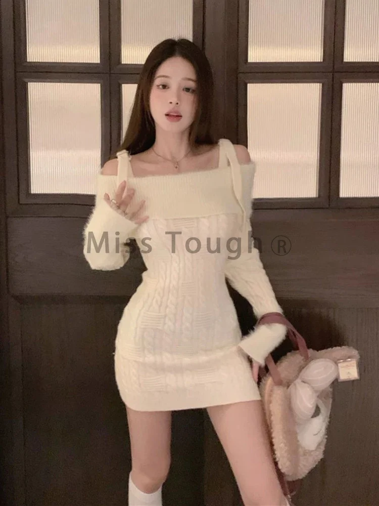 Autumn Winter New Knitted Off Shoulder Dress French Elegant Slim Thin Plush Sweater Dress Casual Party Hip Dresses Women 2024