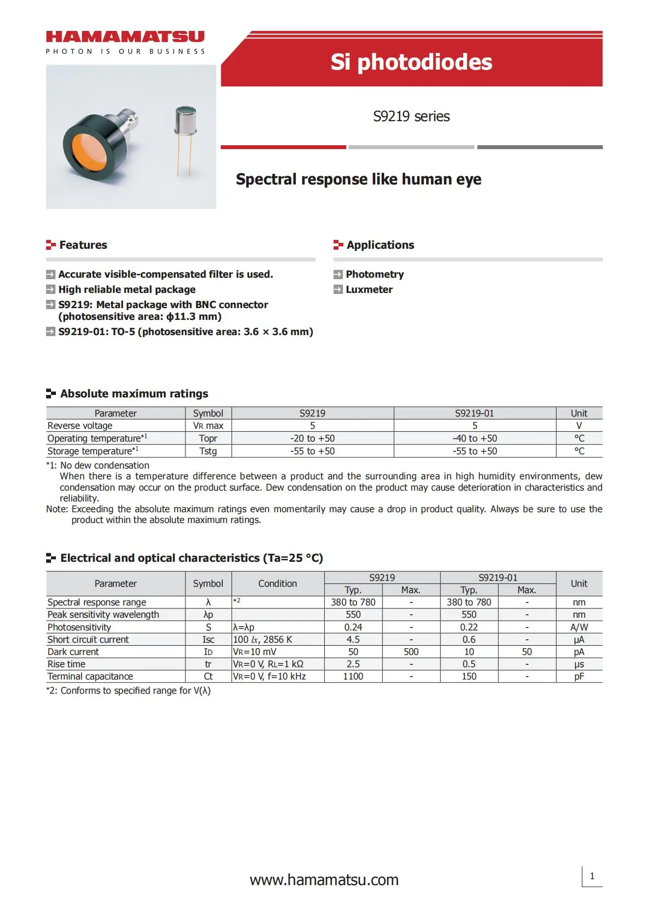 HAMAMATSU Si photodiodes S9219 S9219-01 photosensitive area 11.3mm 3.6x3.6mm 380-780nm 550nm Spectral response like human eye