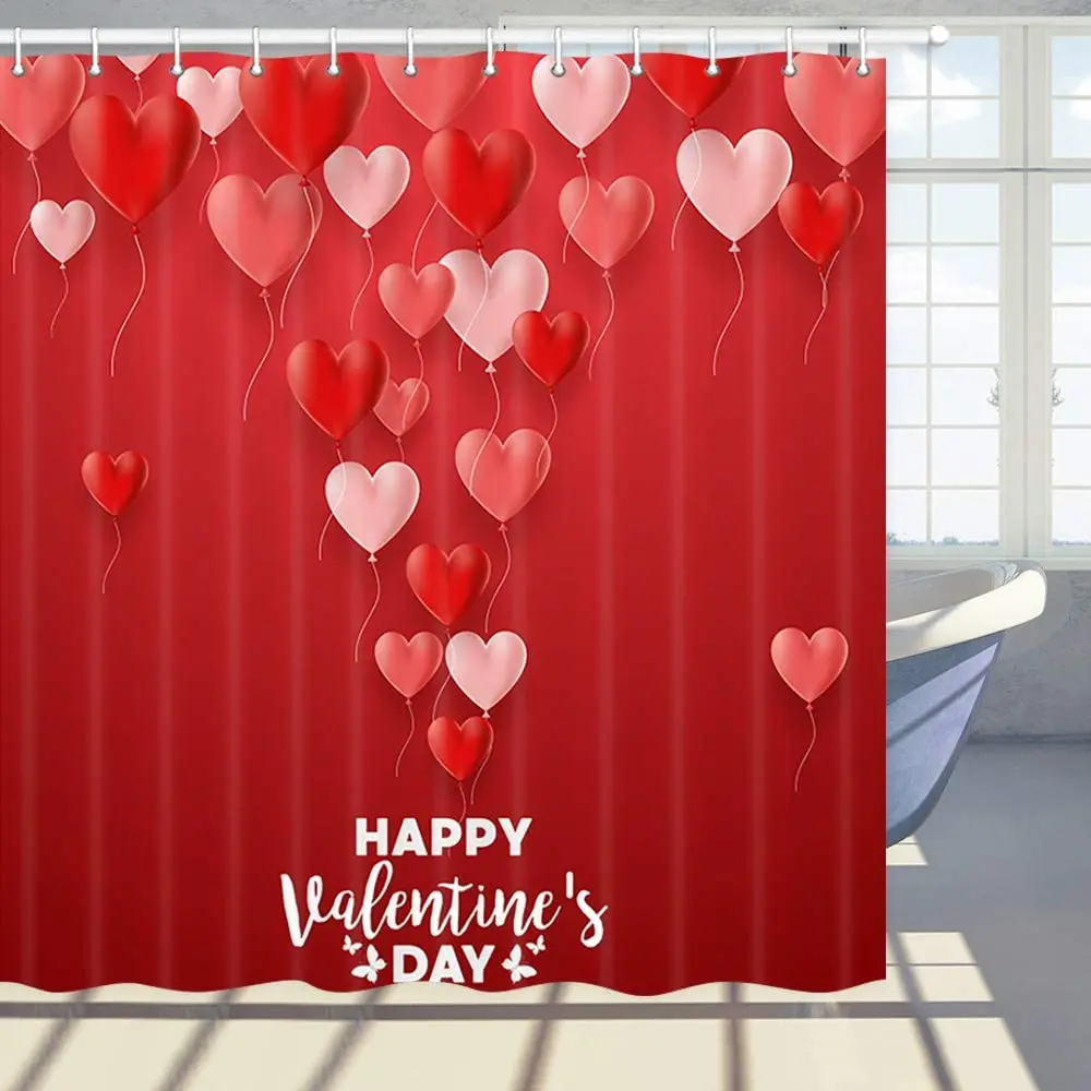 Valentines Day Shower Curtain Romantic Red Hearts Balloon Background Polyester Fabric Bath Bathroom Curtains Set with Hooks