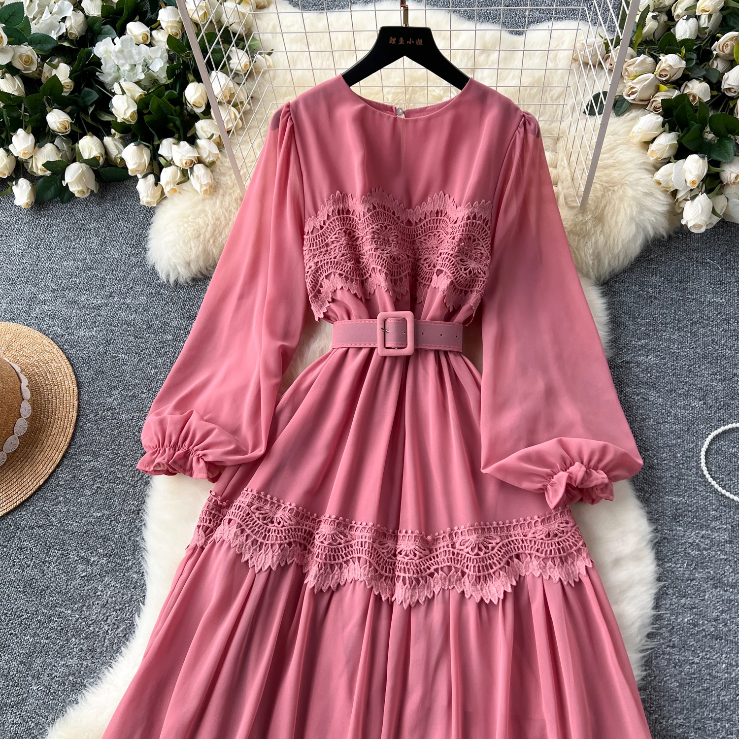 French o neck cut out lace PATCHWORK Lantern Sleeve korean fashion dress women\'s summer waist sweet dresses