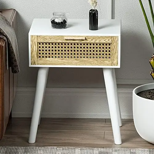 

Rattan Nightstand, Mid Century Nightstand with Rattan Drawer, Rattan Side End Table for Small Space, Living Room and Bedroom, Wh