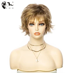 Short Ombre Blonde Pixie Cut Hair Synthetic Wig With Bang For Women High Temperature Fiber Natural Wave Curl Hair Daily Use Wigs