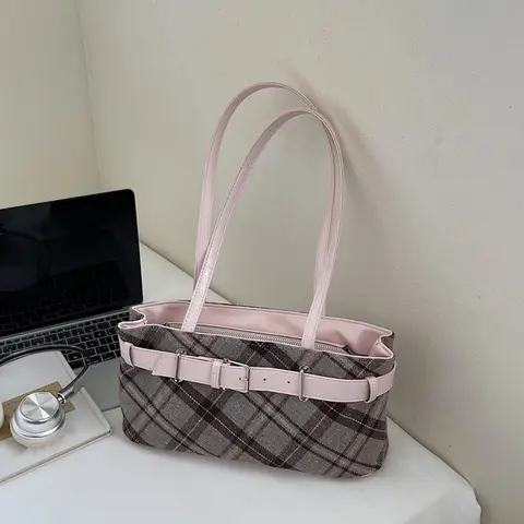 Girls Canvas Plaid Armpit Bag Fashion Checkerboard Grid Tote Handbag Vintage Shoulder Bag Retro Large Capacity Top-Handle Bags
