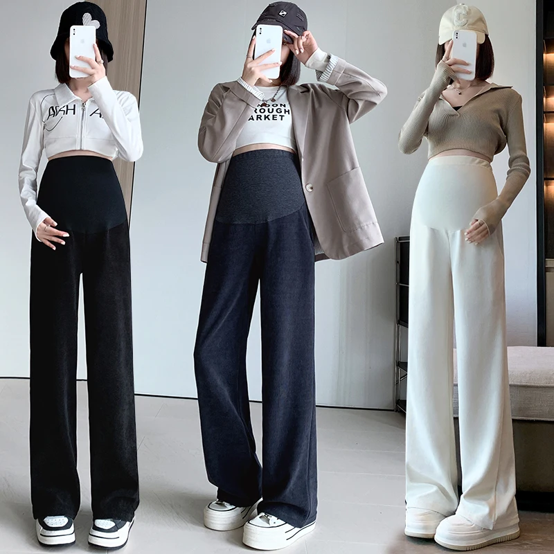 1098# Autumn Winter Dense Chenille Maternity Long Pants Wide Leg Loose Straight Belly Trousers for Pregnant Women Pregnancy